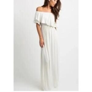 PinkBlush Cream Off Shoulder Ruffle Maxi Dress Flowy Boho Maternity S/M